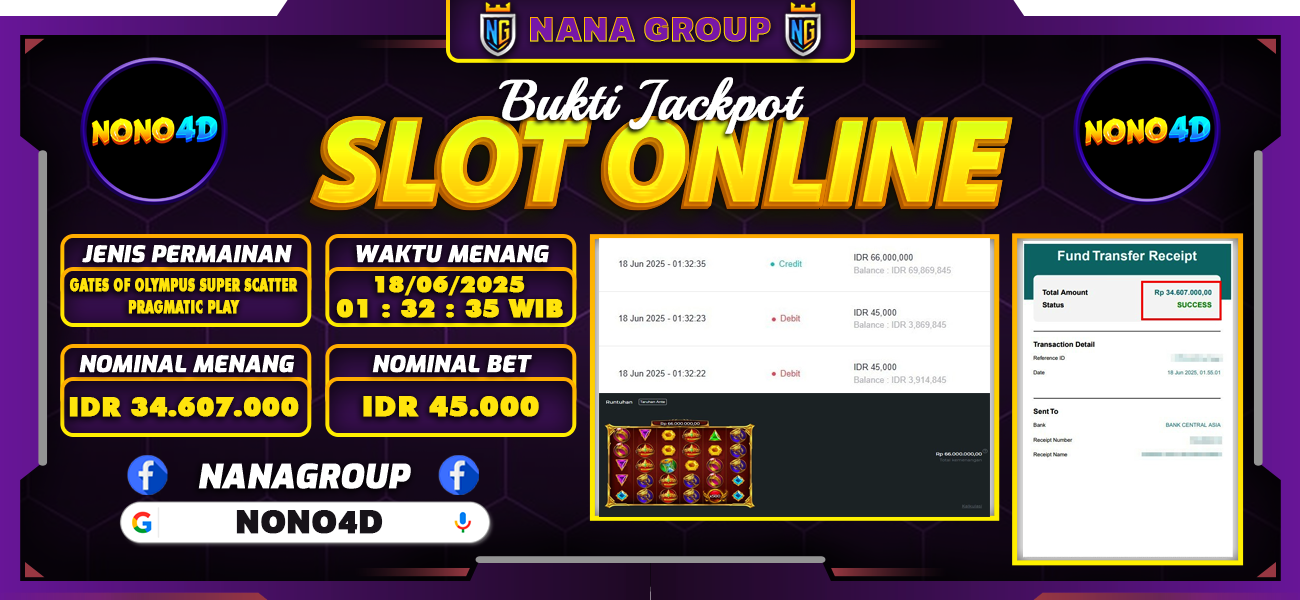 Bukti Kemenangan Besar Dibayar lunas Member NONO4D RP 34.607.000, 18 Juni 2025