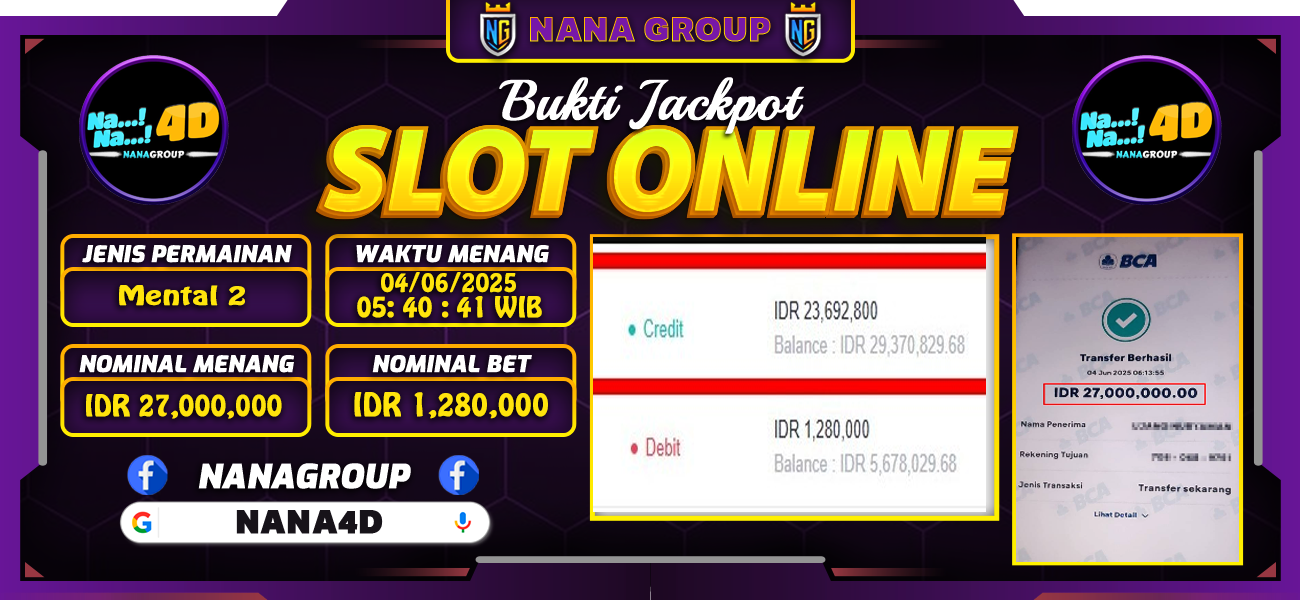 Bukti Kemenangan Besar Dibayar lunas Member NANA4D RP 27.000.000, 4 Juni 2025